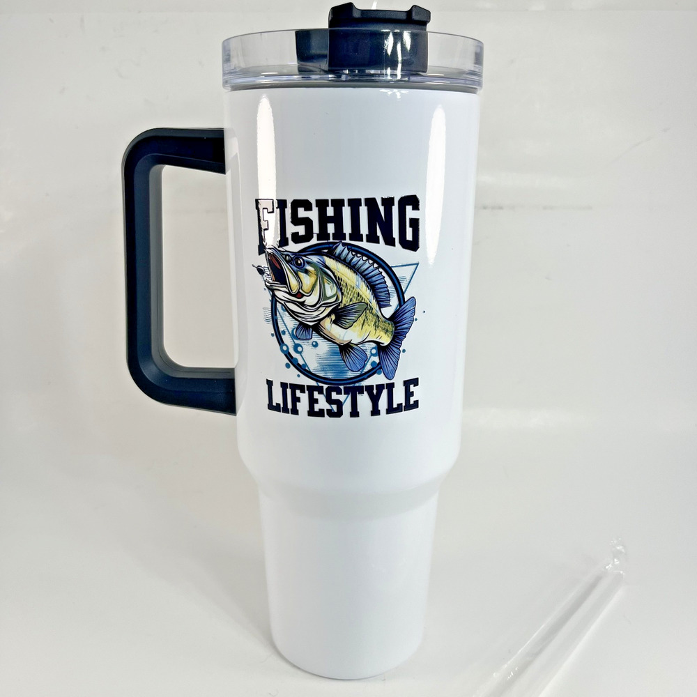 Fishing Lifestyle Tumbler 30oz Insulated Cup White Handle Travel